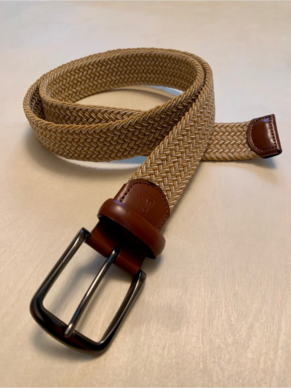 Penguin Braided Tan Stretch Belt with Brown Leather Trim, Size Medium (24-36)